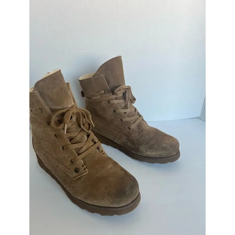 Bearpaw Krista Hickory Distressed‎ Brown Suede Leather Sheepskin Footbed Sz 9.5
